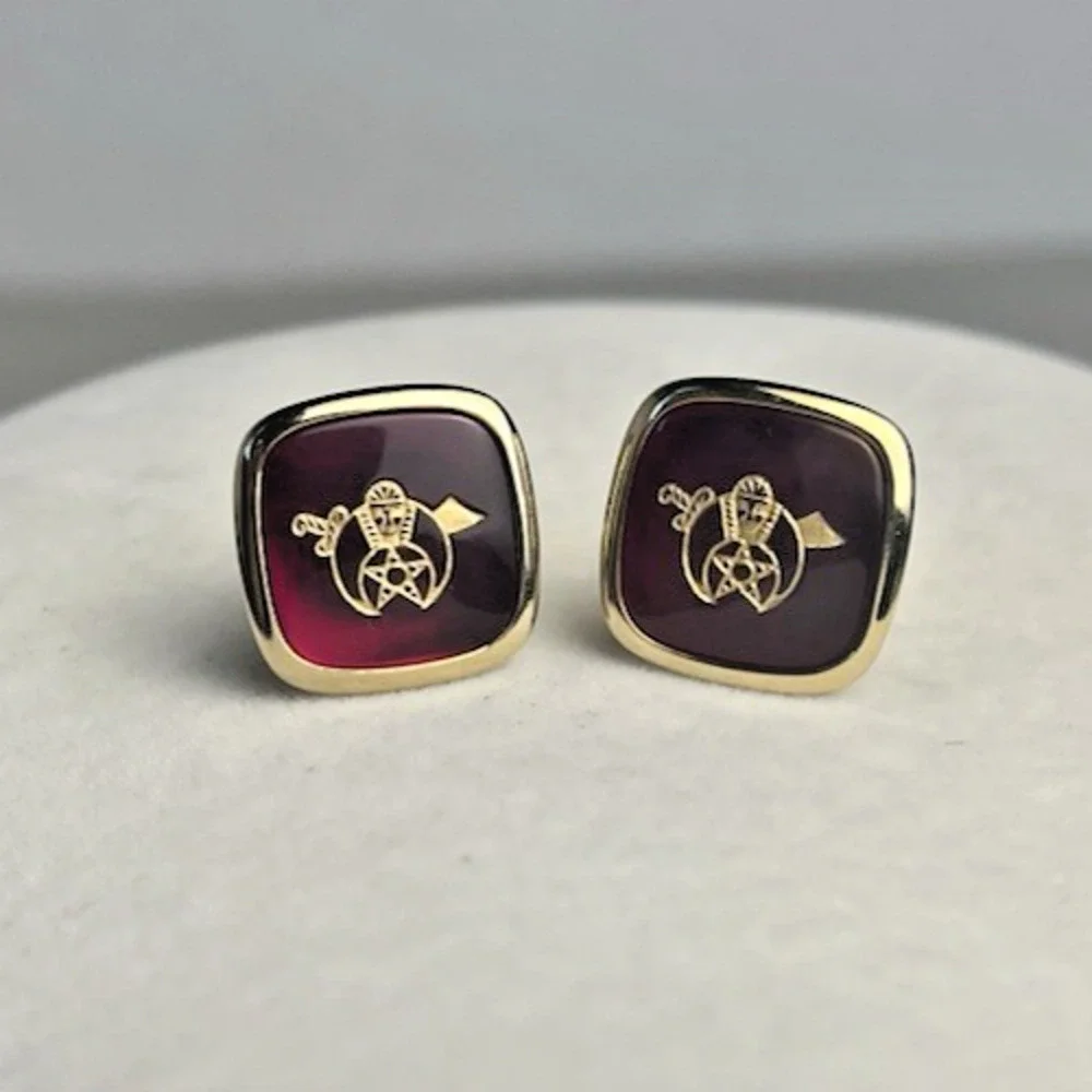 Shriners Cufflinks Red Gold Tone Square Crescent Scimitar Masonic Vintage Retro
